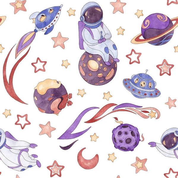 Seamless pattern from a set of watercolor illustrations of astronauts, planets, rocket, flying saucer, kamet, stars and moon in blue, purple, red, cream colors isolated on white background. Size 20 by 20 cm, 600 dpi