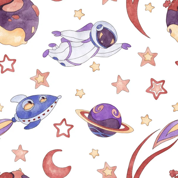 Seamless pattern set of watercolor illustrations of flying astronaut, planets, rocket, stars and moon in blue, purple, red, cream colors isolated on white background