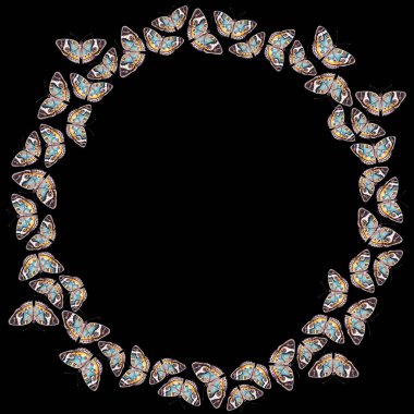 Suluboya resimli çelenk. Mavi, sarı ve gri renkli kelebekler, siyah bir arka planda izole edilmiş.