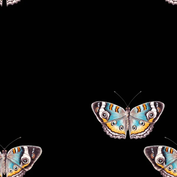 Sömlöst Mönster Akvarell Illustrationer Fisknät Fjärilar Blå Gula Och Grå — Stockfoto