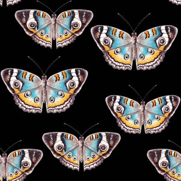 Seamless pattern of watercolor illustrations fishnet butterflies in blue, yellow and gray colors, isolated on a black background