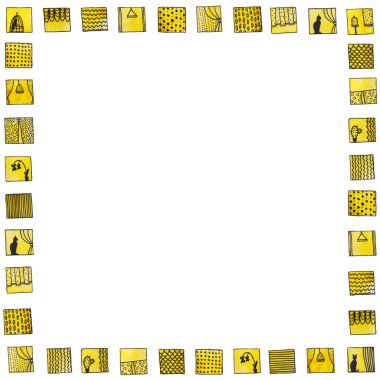 Beyaz arkaplanda izole edilmiş sarı pencerelerin suluboya çizimlerinden bir çerçeve