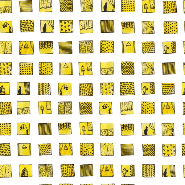 Płynny Wzór Zestawu Akwarelowych Ilustracji Żółtych Okien Odizolowanych Białym Tle — Zdjęcie stockowe