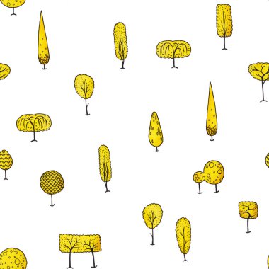 Beyaz arka planda izole edilmiş sarı şekillendirilmiş ağaçların kusursuz desenli suluboya çizimleri.