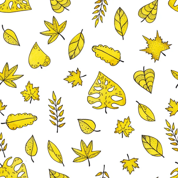 白を基調とした黄色の葉の水彩画のセットからシームレスなパターン — ストック写真