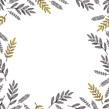 Beyaz arka planda izole edilmiş sarı ve gri rovan yapraklarından oluşan suluboya çizimlerden yapılmış çerçeve