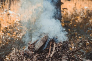 Yanan çalı çırpı, dal ve yakacak odundan çıkan kalın beyaz duman.