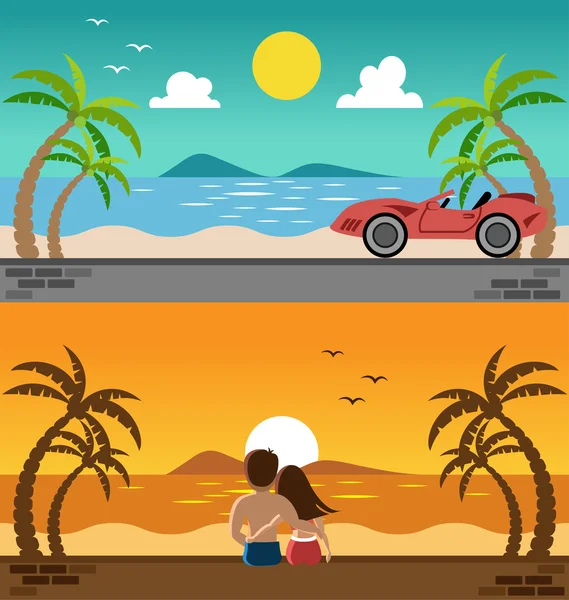 Romantische Liebhaber beobachten Sonnenuntergang und Sportwagen am Strand — Stockvektor