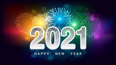 Noel için renkli bir havai fişek ve mutlu yıllar 2021 kutlama partisi. 