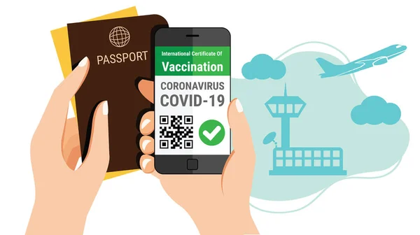 観光の手は 空港での国際旅行の概念のためのQrコードを持つパスポートとスマートフォンのモバイルコロナウイルス予防接種証明書電子パスポートアプリを保持しています — ストックベクタ