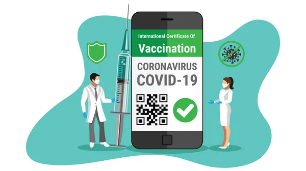 国際旅行のコンセプトのためのQrコード証明書電子パスポートアプリとスマートフォン上のCovid 19ワクチン電子パスポート 医師はコロナウイルスワクチン注射器を保持 ベクターグラフィックス