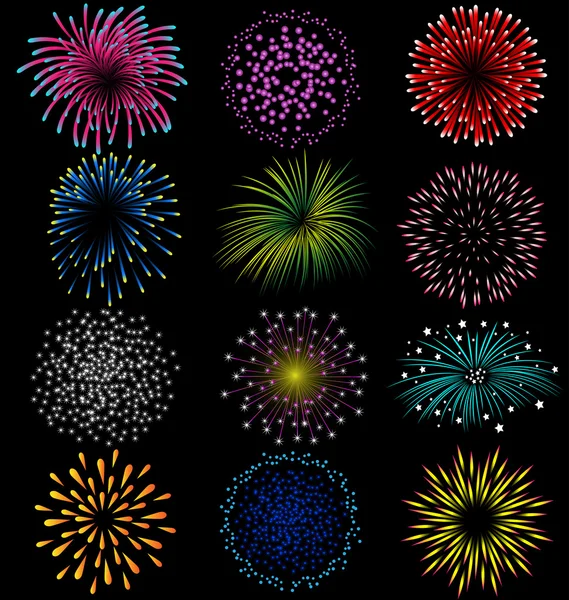 Fireworks set on black background — Stock Vector