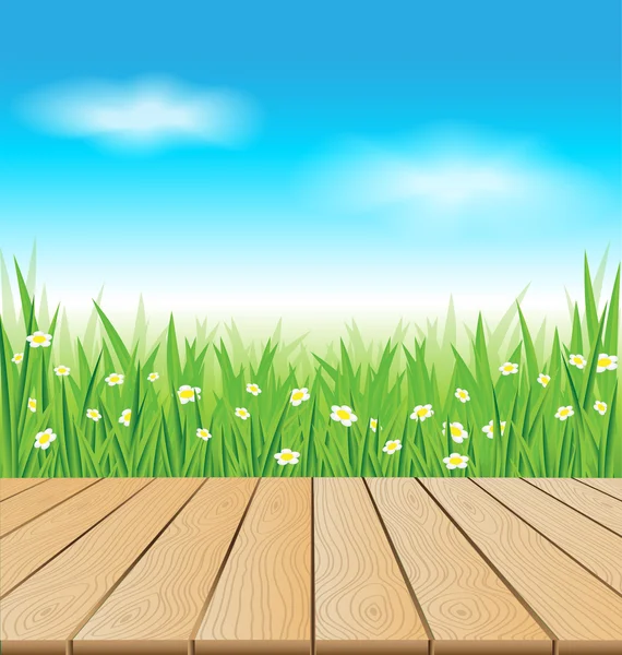Wooden table on spring meadow — Stock Vector