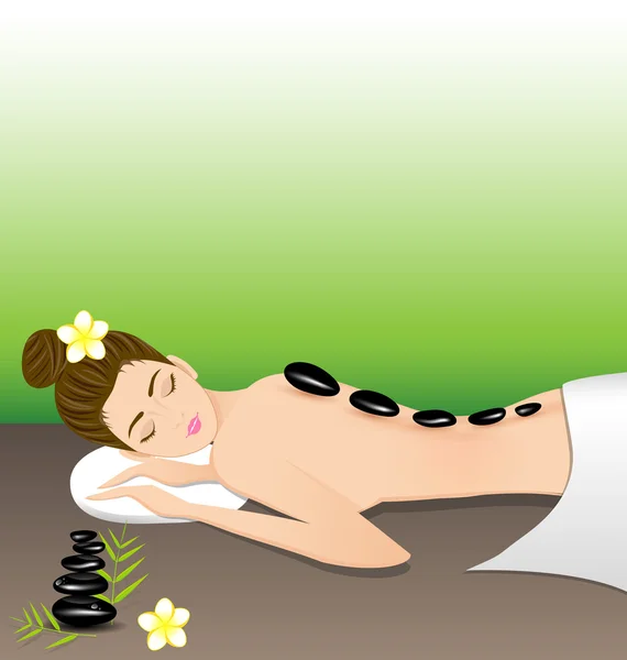 Belle femme couchée une thérapie avec des pierres chaudes dans le spa — Image vectorielle