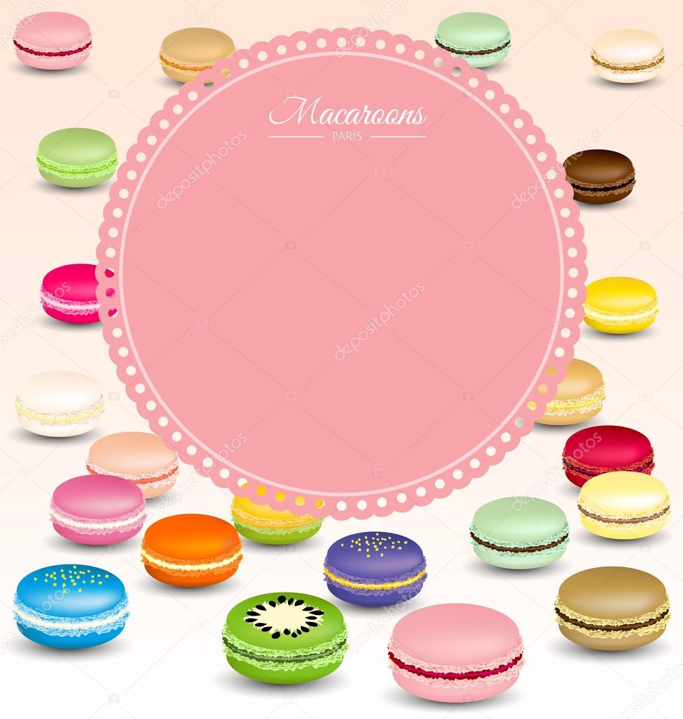 Macaroons background and sweet pink frame vector