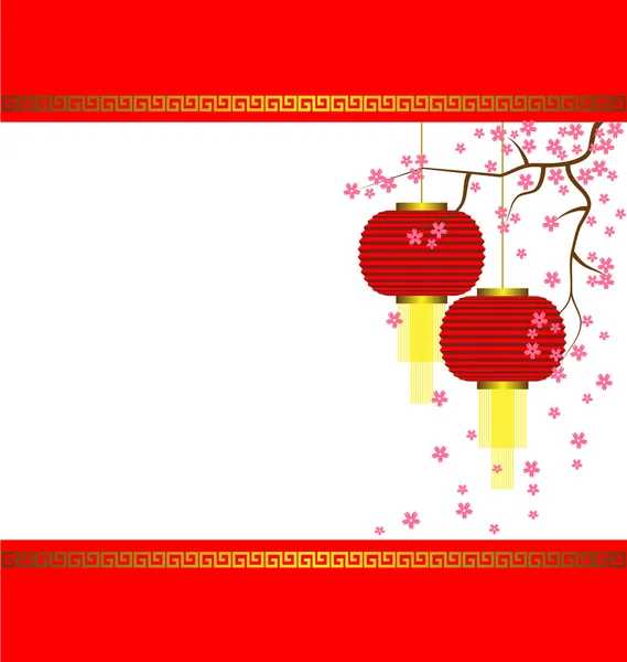 Lamp and Sakura on Chinese New Year Background — Stock Vector