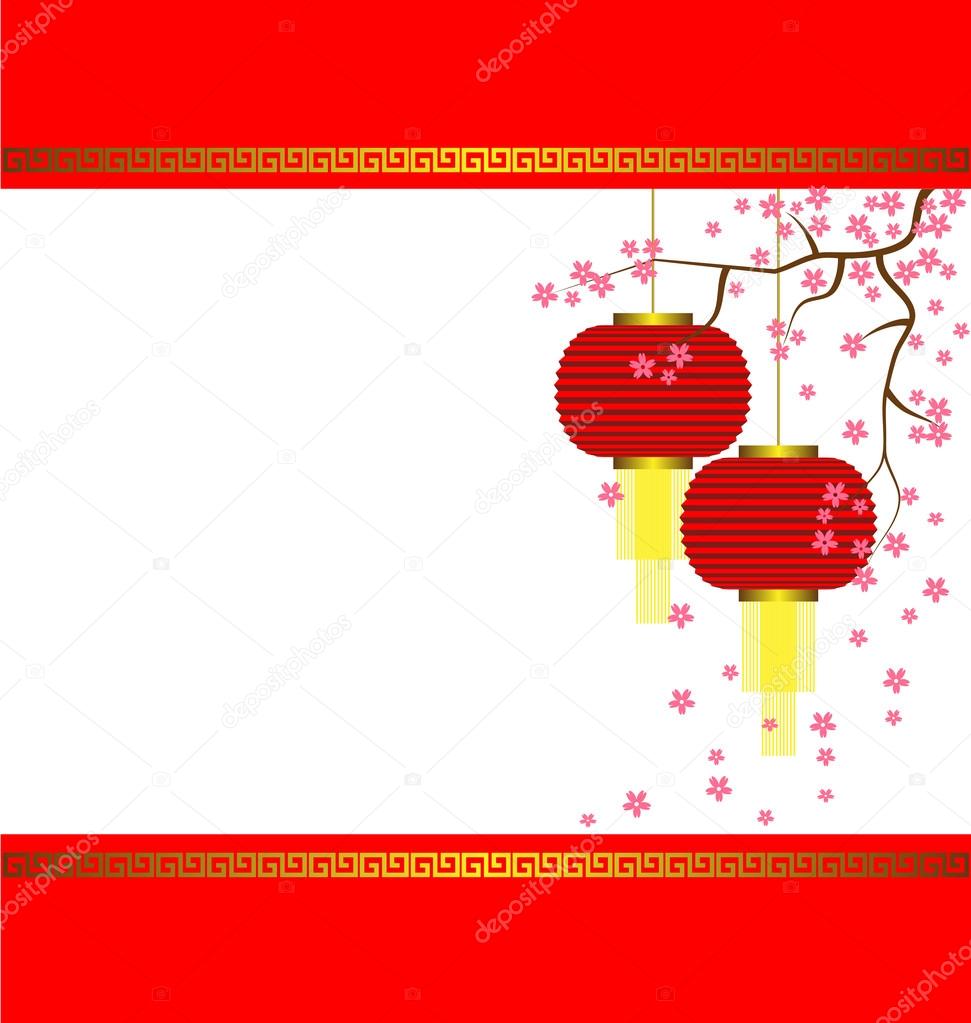 Lamp and Sakura on Chinese New Year Background