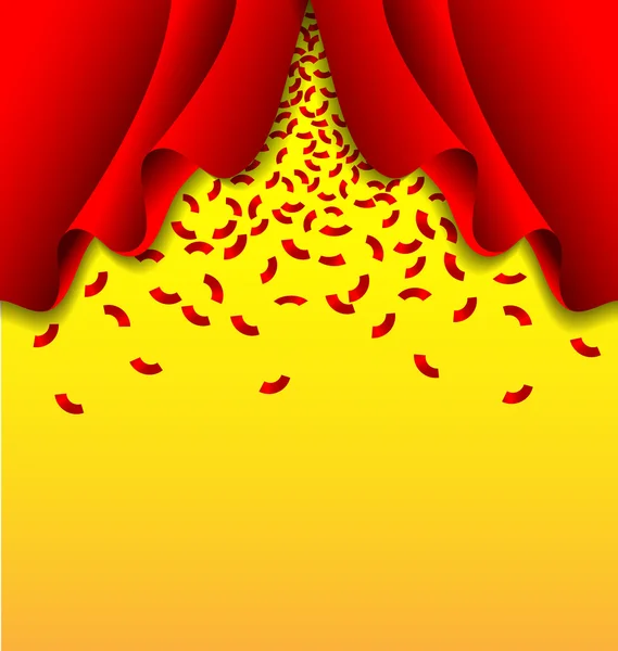 Rood lint vallen van rood gordijn op gele achtergrond — Stockvector
