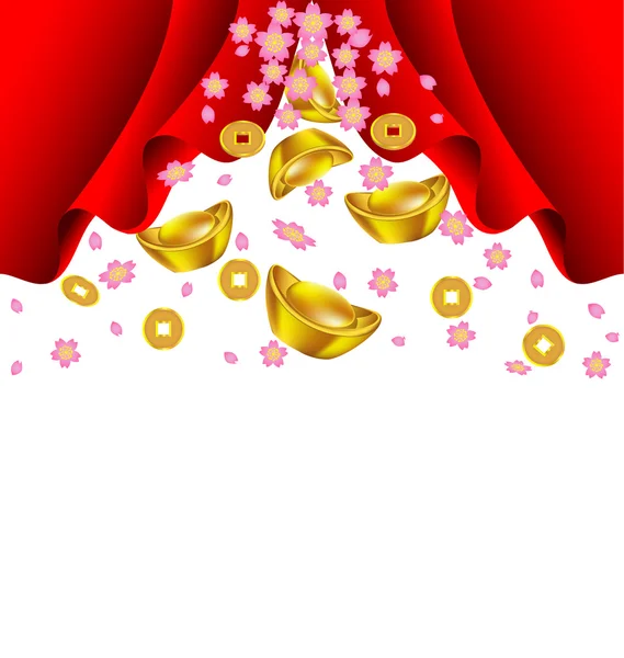 Sakura blossom and gold ingot fall from red curtain — Stock Vector