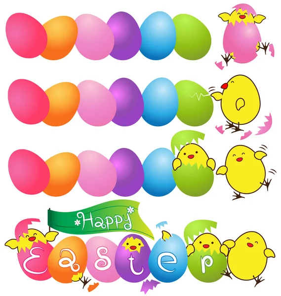 Colorful eggs with  funny baby chicken for easter day card — Stock Vector