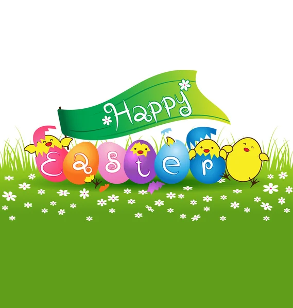 Cute baby chicken and colorful eggs for easter day card — Stock Vector