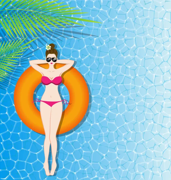 Nő a bikini kellemes, a tenger felfújható matrac — Stock Vector