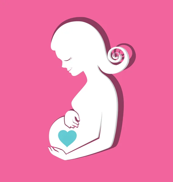 Gravida kvinnor med ett hjärta på magen för mors dag-kort — Stock vektor