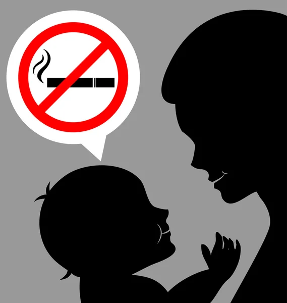 Mom and baby with a prohibiting smoking sign — Stock Vector