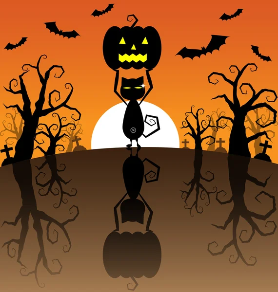 Halloween Background with Pumpkins and black cat — Stock Vector