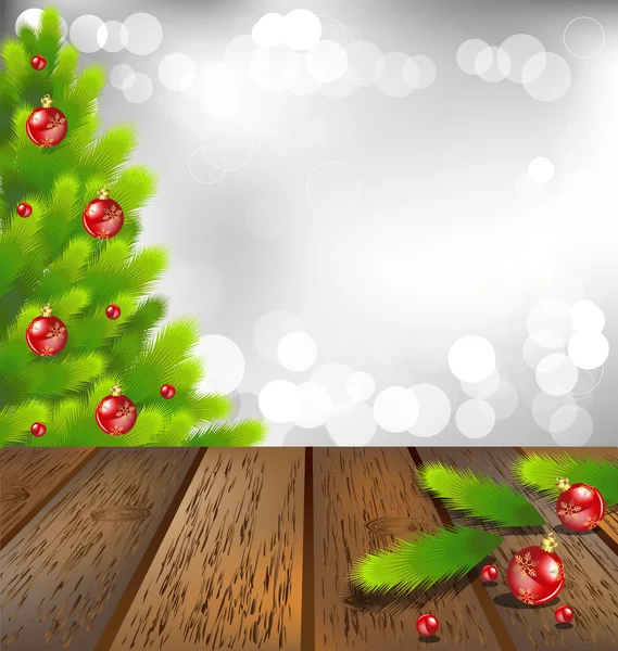 Houten vloer met kerstboom op grijze bokeh — Stockvector