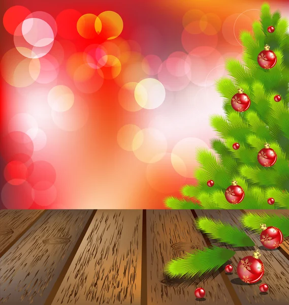 Houten vloer met kerstboom op rode bokeh — Stockvector