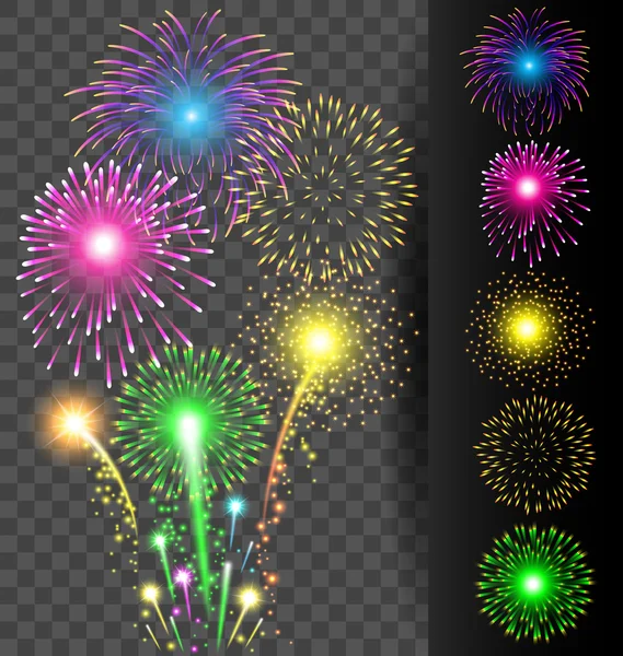 Colorful firework set on translucent background for Christmas an — Stock Vector