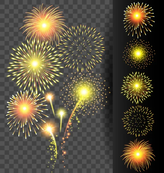 Golden firework set on translucent background for Christmas and — Stock Vector