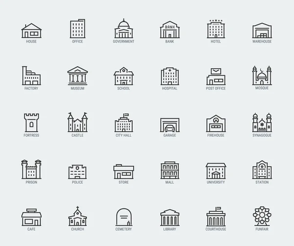 Government City Buildings Vector Icon Set Thin Line Style — Stock Vector