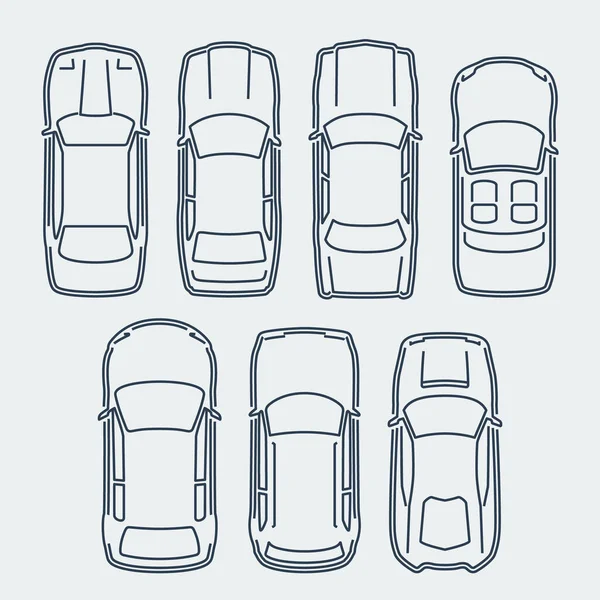 Vector Set Cars Στυλ Περίγραμμα Top View — Διανυσματικό Αρχείο