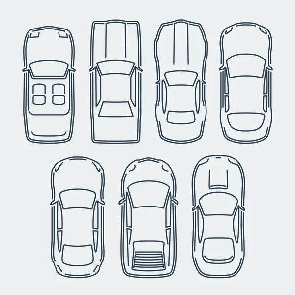 Vector Set Cars Outline Style Top View — Stock Vector