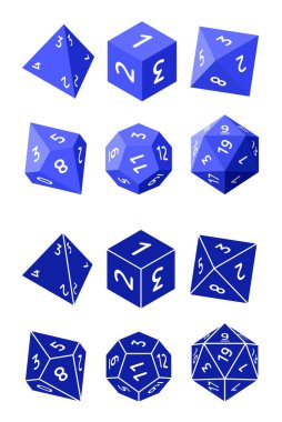 D4, D6, D8, D10, D12, and D20 Dice for Boardgames in Flat and Glyph Styles clipart