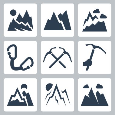Mountains and mountaineering icons set clipart
