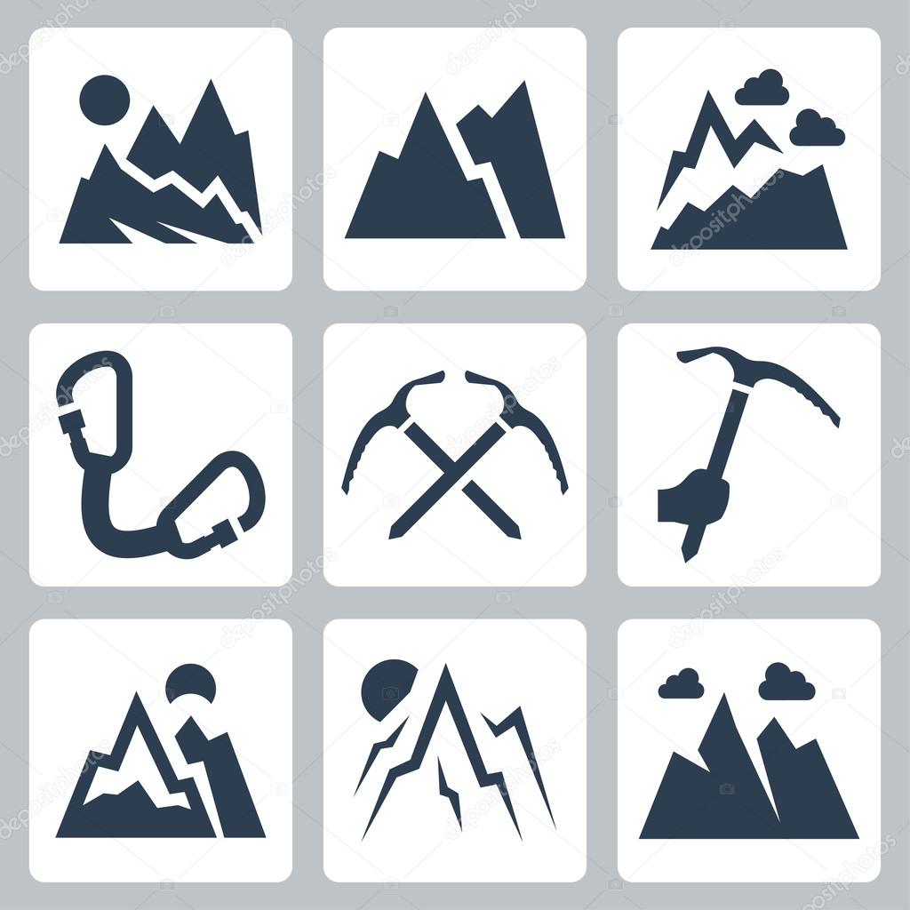 Mountains and mountaineering icons set