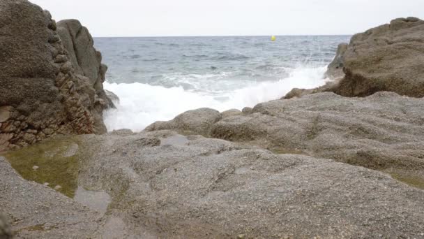 Sea waves crashing on rocks near coastline — Stock Video