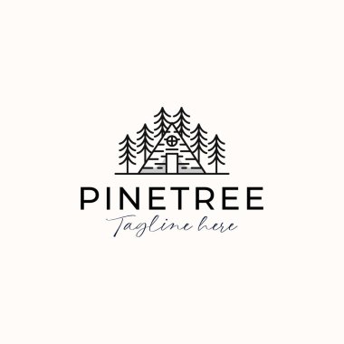 Çam Ağacı Kulübesi Logo Şablonu Beyaz Arkaplanda İzole Edildi