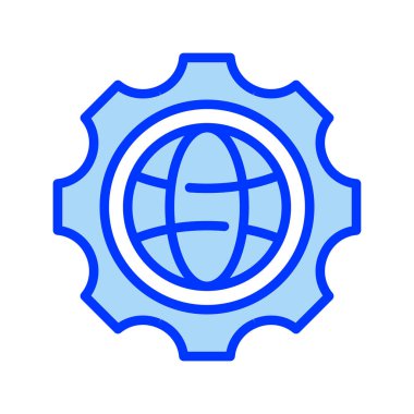 Gear with Globe Line Icon, Outline Symbol for Global Operations, International Business, Worldwide Connectivity, Market Expansion ve Universal Systems. Vektör İmzalama Simgesi.