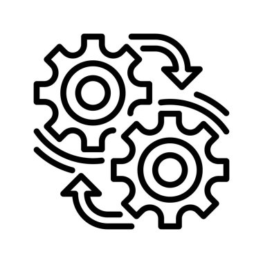 Birbirine kenetlenmiş Gears Line Icon, Takım Çalışması Sembolü, Sistem Bütünleşmesi, Bağlı Sürecler, İş Sinerjisi ve Kooperatif Mekanizmalar. Vektör İmzalama Simgesi.