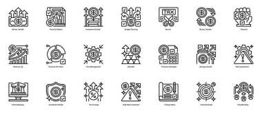 Finans ve Para Simgeleri Çizgisi Simgeleri, Bankacılık, Ödeme, Yatırım, Bütçe, Varlık Yönetimi, Mali Büyüme, Dijital İşlemler ve Ekonomik İşlemler için Taslak Semboller. Vektör İmza Koleksiyonu.