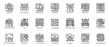 IT Desteği Simgeleri Satır Simgeleri, Teknik Yardım için Taslak Semboller, Sistem Bakımı, Konu Çözünürlüğü, Aygıt Sorun Çözümleme ve Ağ Yönetimi. Vektör İmza Koleksiyonu.