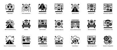 IT Desteği Simgeleri Satır Simgeleri, Teknik Yardım için Taslak Semboller, Sistem Bakımı, Konu Çözünürlüğü, Aygıt Sorun Çözümleme ve Ağ Yönetimi. Vektör İmza Koleksiyonu.