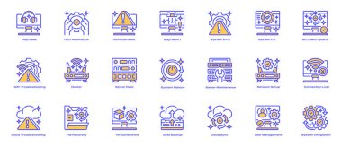 IT Desteği Simgeleri Satır Simgeleri, Teknik Yardım için Taslak Semboller, Sistem Bakımı, Konu Çözünürlüğü, Aygıt Sorun Çözümleme ve Ağ Yönetimi. Vektör İmza Koleksiyonu.