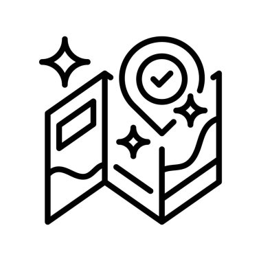 Katlanmış Harita Çizgisi Simgesi, Navigasyon Rehberi, Konum Keşfi, Yol Planlama, Seyahat Yönetmeni ve Coğrafi Referans Simgesi. Vektör İmzalama Simgesi.