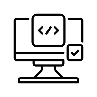 Birim Test Satırı Simgesi, Bileşen Analiz için Taslak Sembolü, Kod Doğrulama, İşlev Denetimi, İzole Hata Ayıklama ve Kalite Ölçümü. Vektör İmzalama Simgesi.