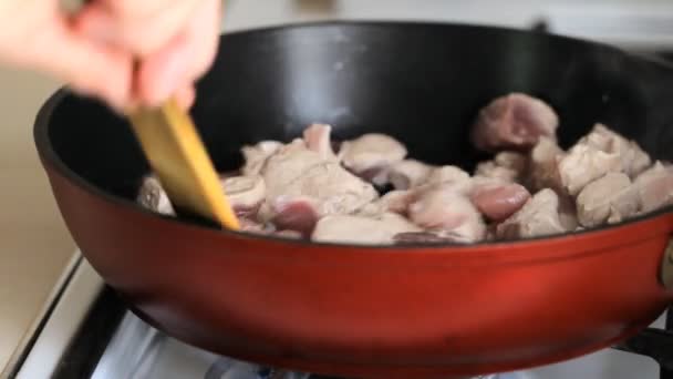 The meat in a frying pan — Stock Video